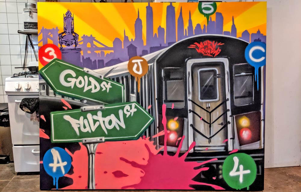 Large canvas painting of a  subway train