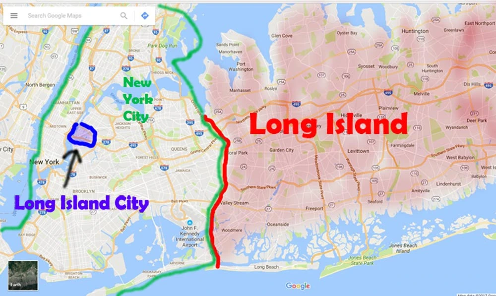 map showing location of long island City